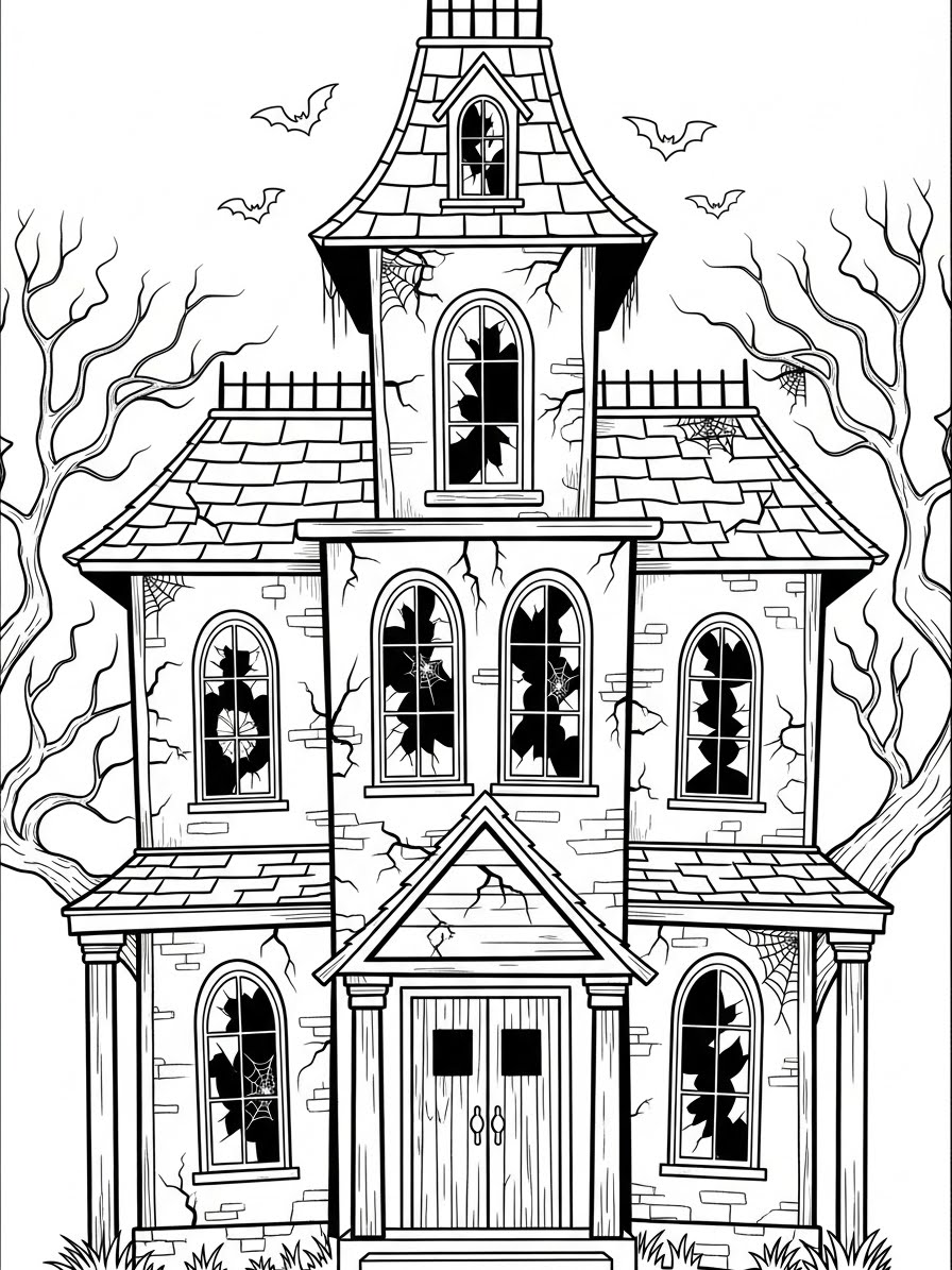 Desenho de Casa Assombrada com janelas quebradas para colorir