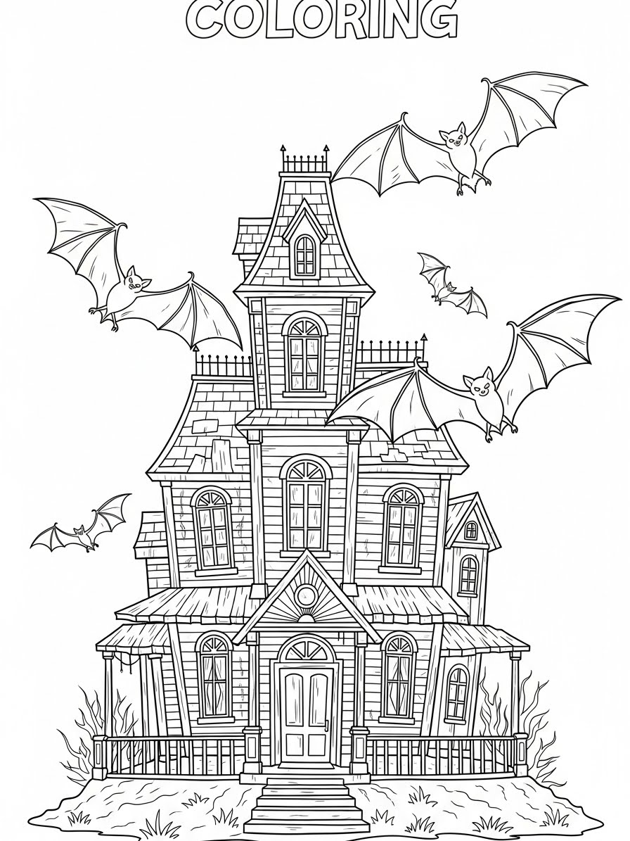 Desenho de Casa Assombrada cheia de morcegos para colorir