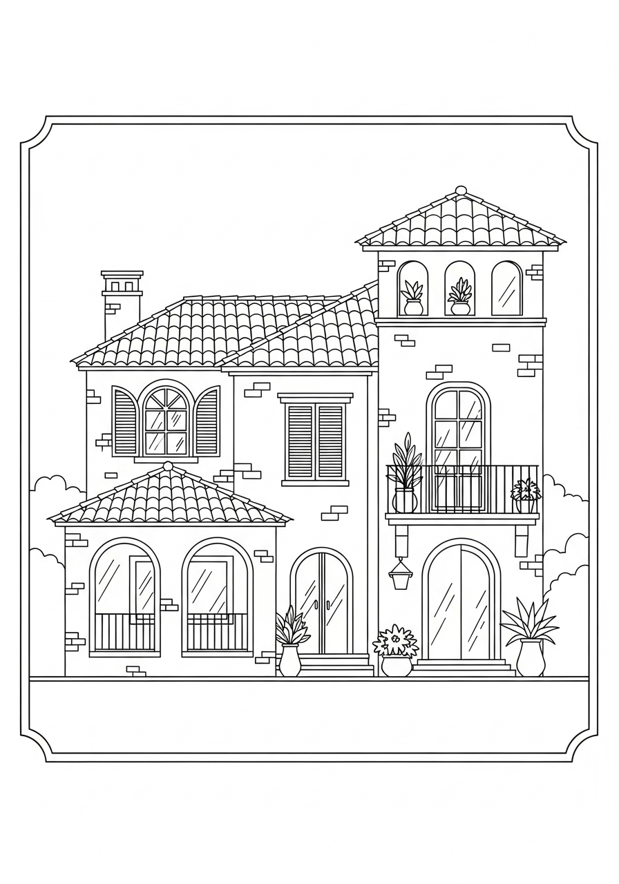 Desenho de Casa com Telhado de Dois Andares para colorir