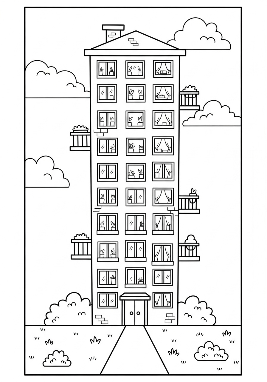 Desenho de Prédio com Janelas e Plantas para colorir