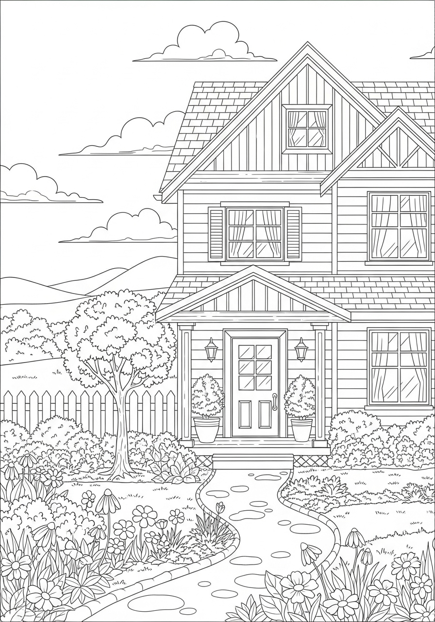 Desenho kawaii de uma casa com jardim e nuvens para colorir