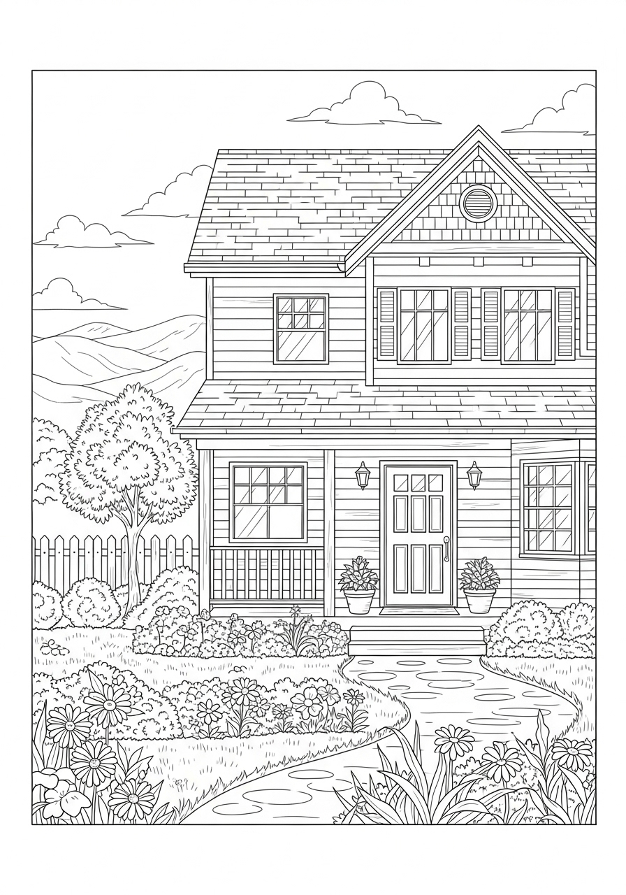 Desenho kawaii de casa com jardim para colorir