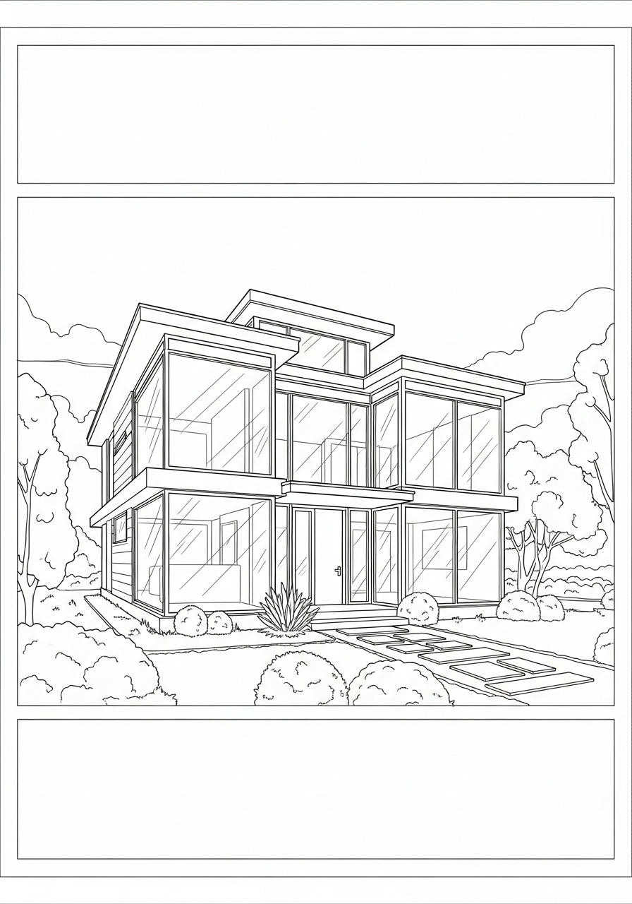 Desenho de Casa Moderna com Grandes Janelas para colorir