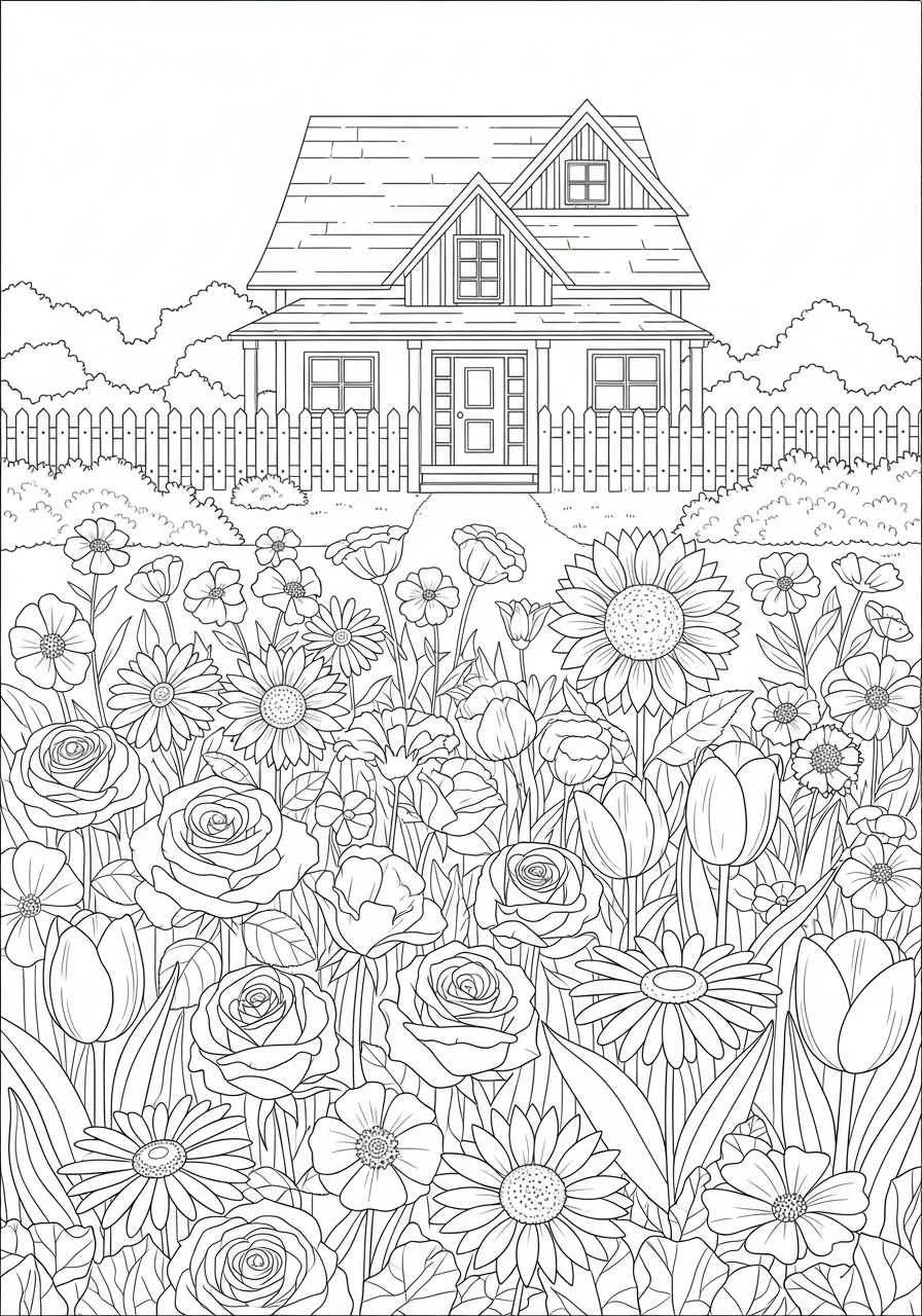 Desenho kawaii de uma casa rodeada por flores para colorir