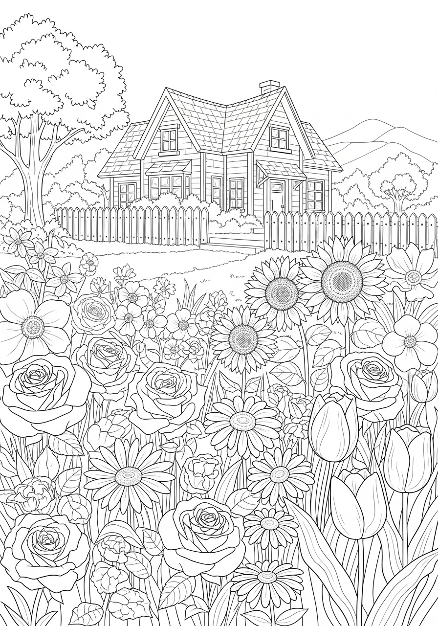 Desenho kawaii de casa rodeada de flores para colorir