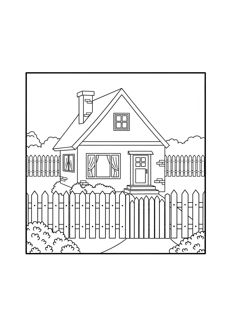 Desenho kawaii de casa com cerca e jardim para colorir