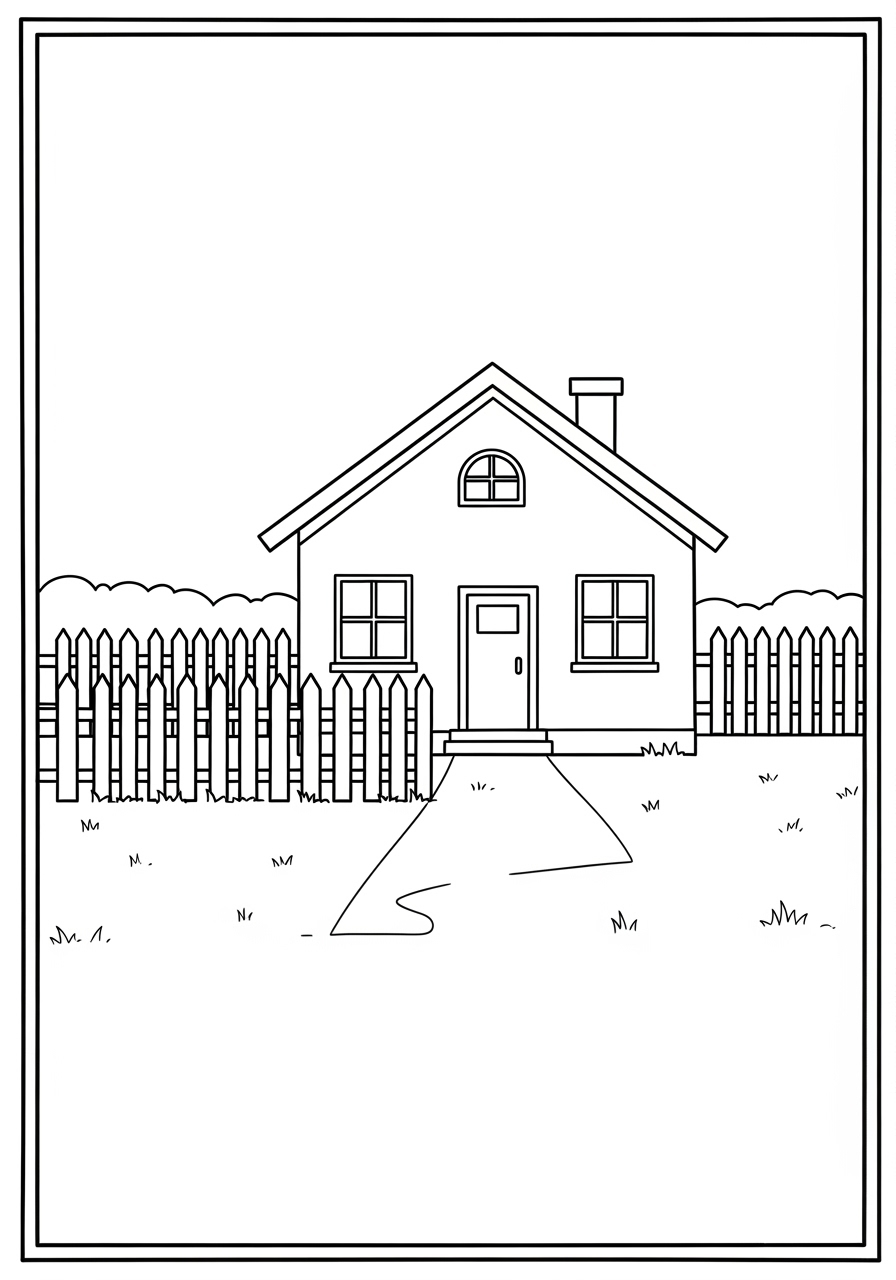 Desenho kawaii de casa com cercado para pintar
