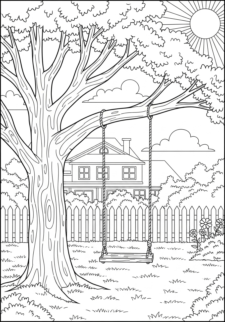 Desenho kawaii de balanço em árvore com casa ao fundo