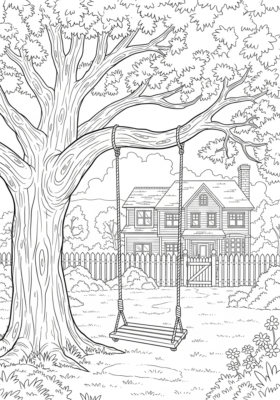 Desenho kawaii de casa com balanço em árvore para colorir