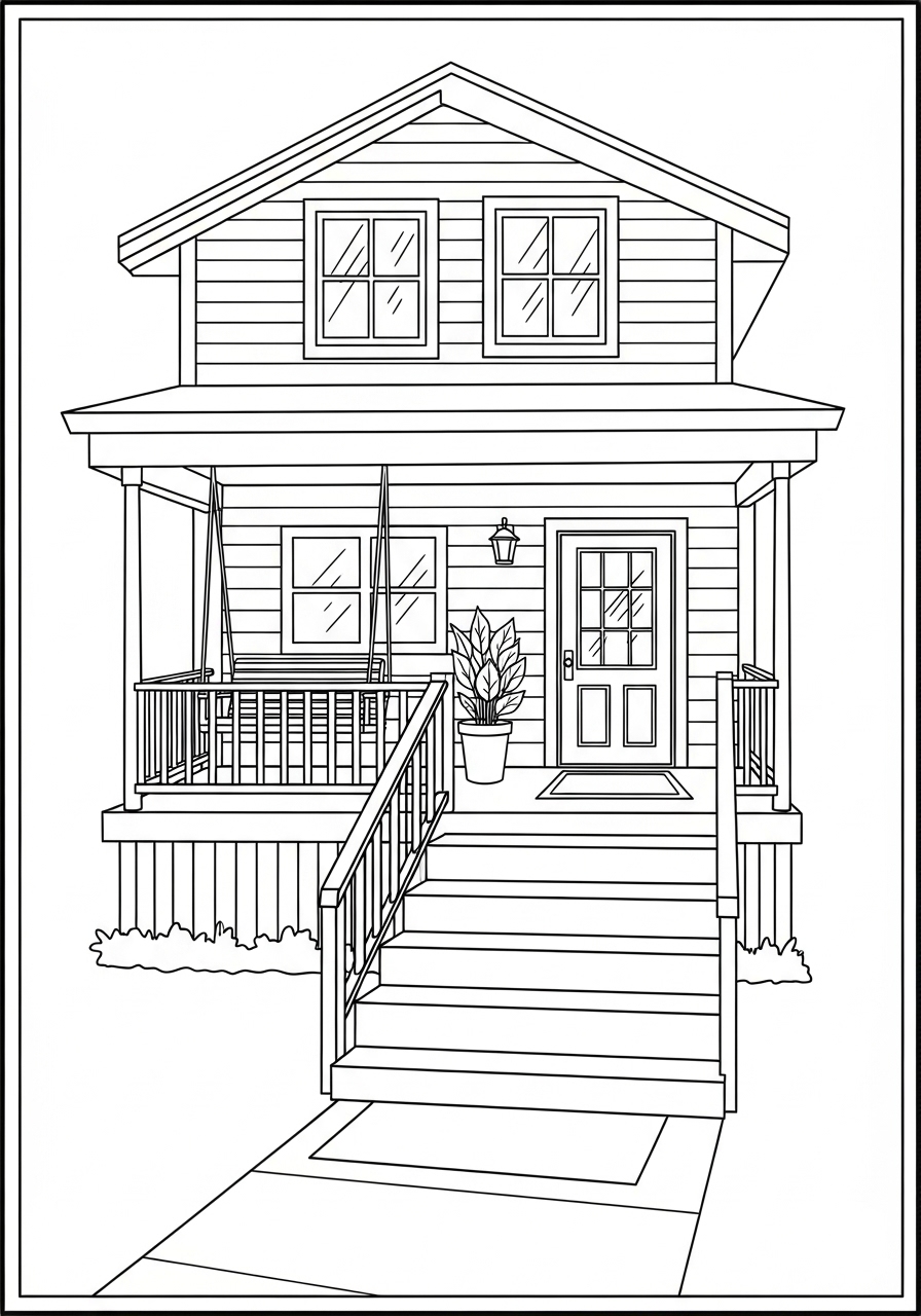 Desenho kawaii de uma casa com varanda para colorir