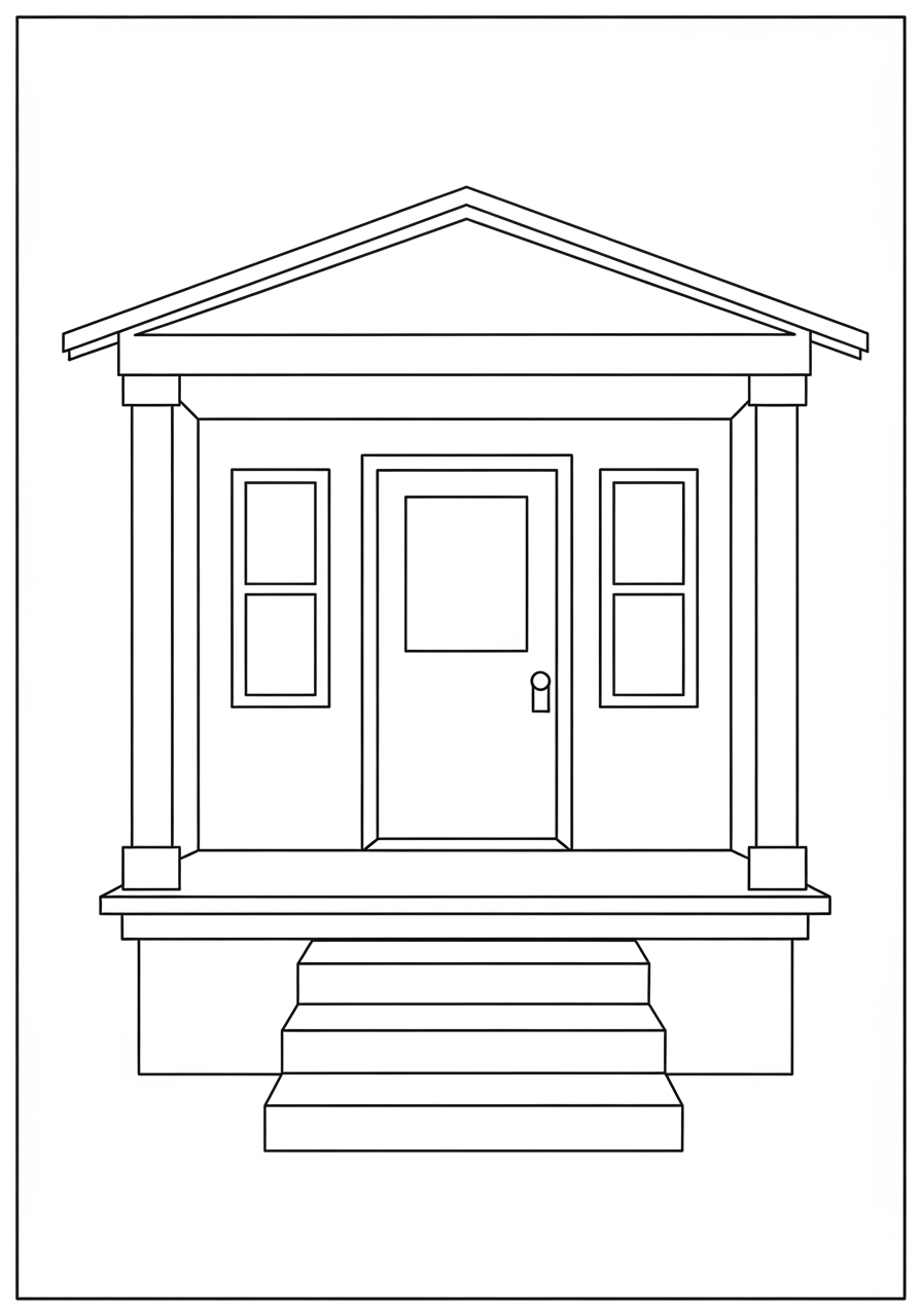 Desenho kawaii de casa com escadas e janelas para colorir