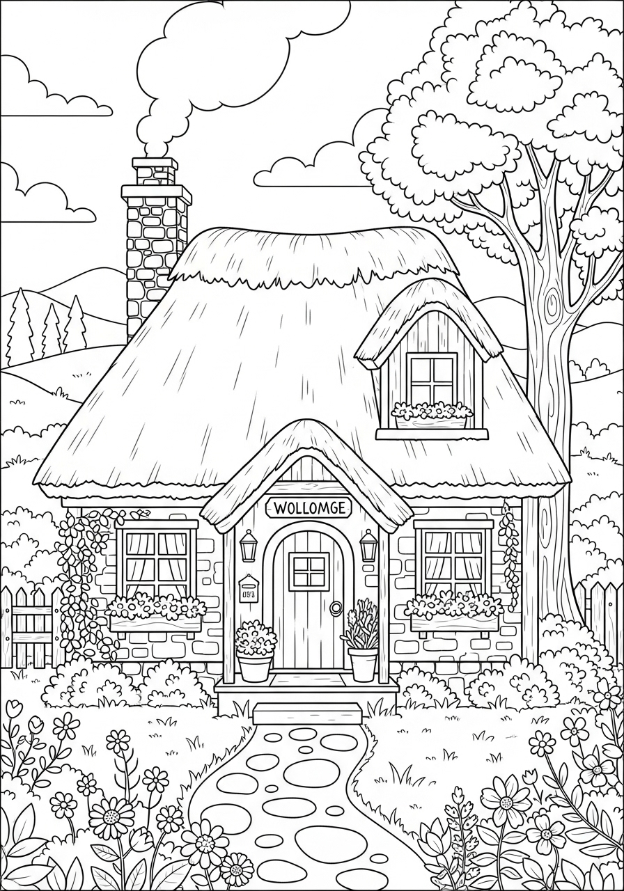 Desenho kawaii de uma casa com telhado de palha para colorir