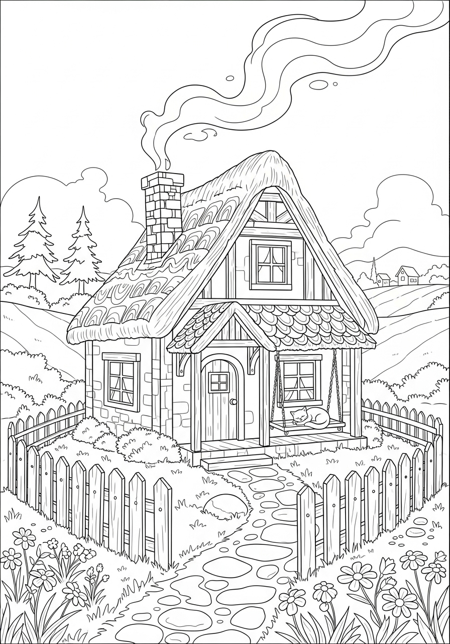 Desenho kawaii de uma casa com jardim para colorir
