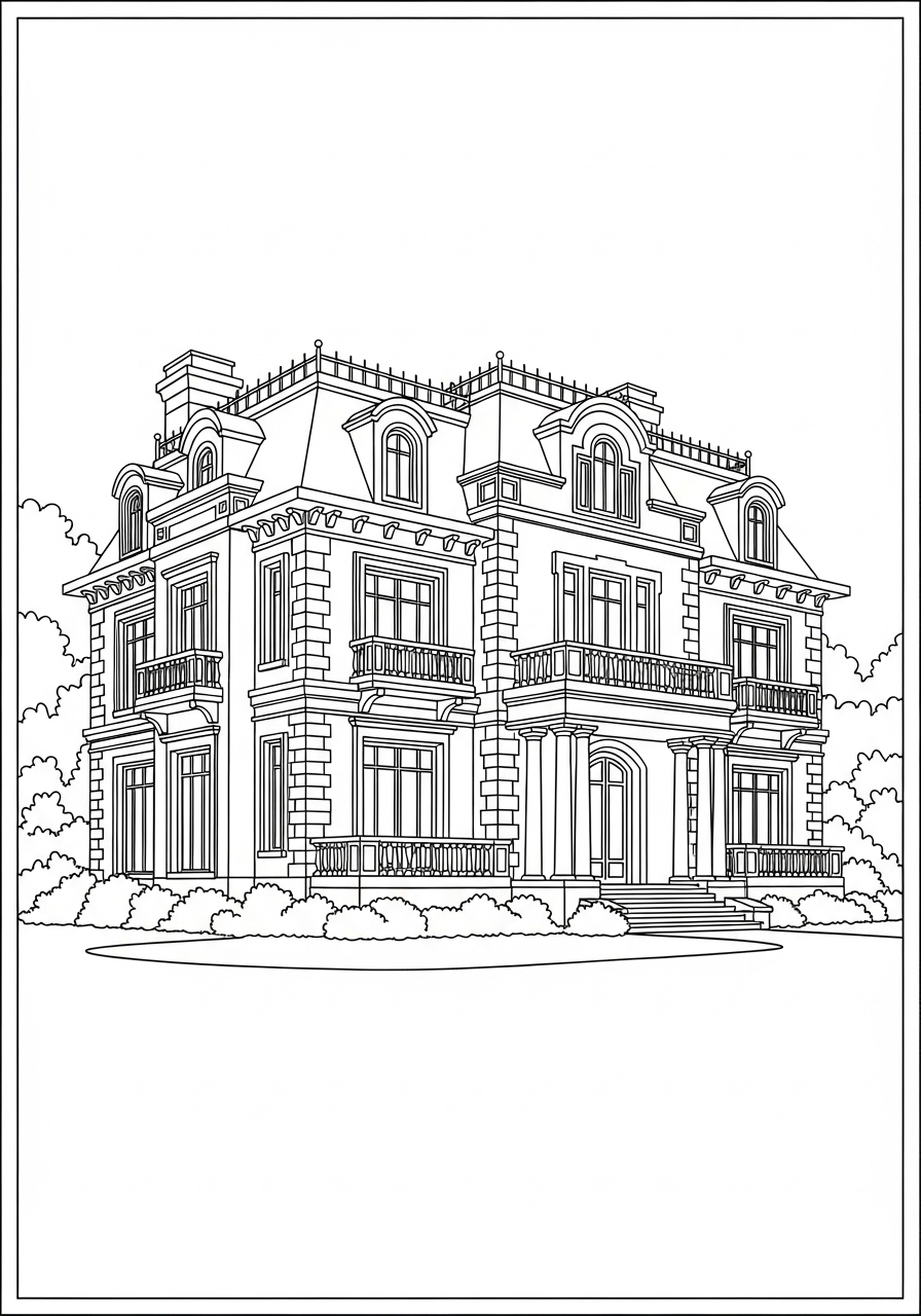 Desenho kawaii de casa detalhada para colorir