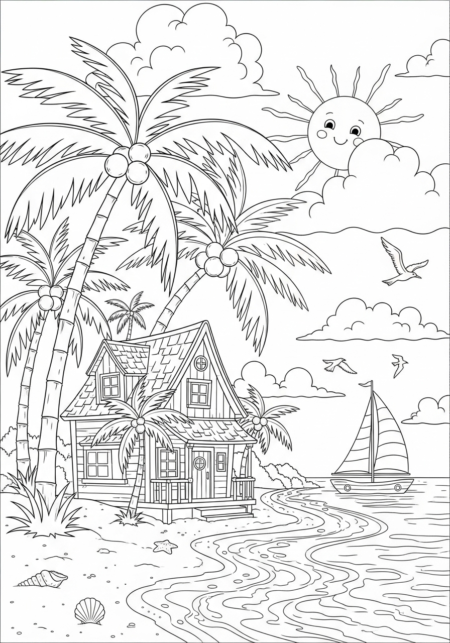 Desenho kawaii de casa na praia com palmeiras e sol sorridente