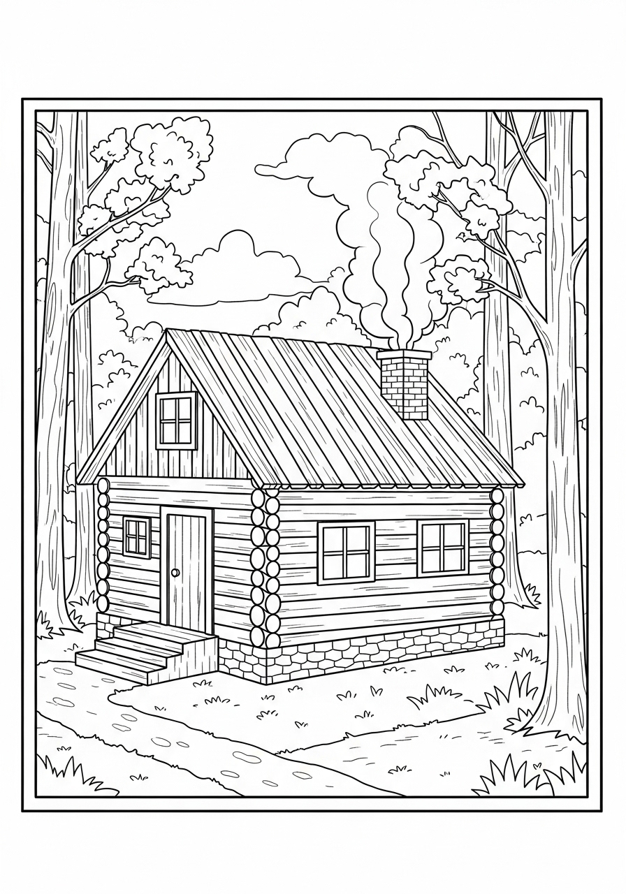 Desenho kawaii de uma casa de madeira em meio a árvores