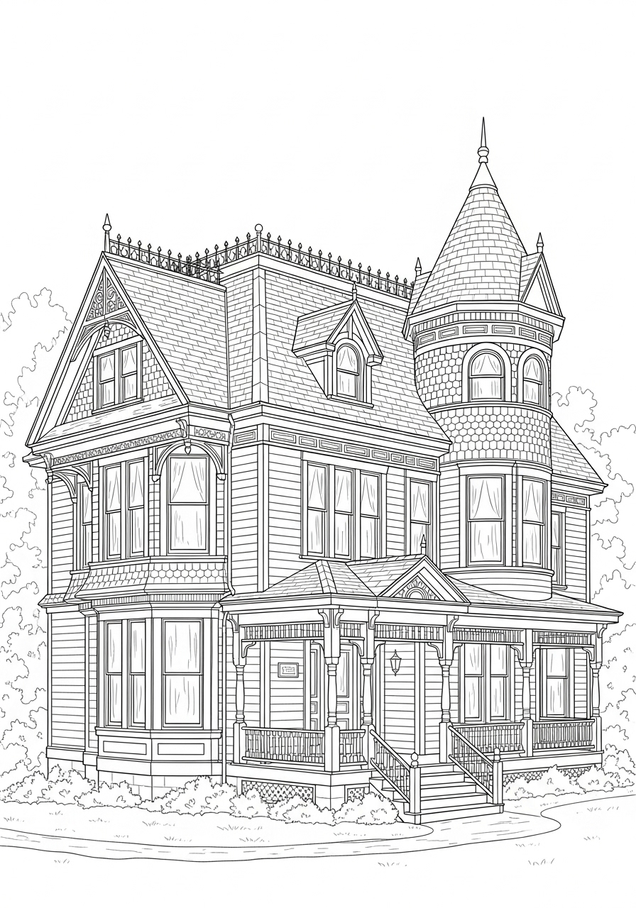 Desenho kawaii de casa antiga com torres para colorir