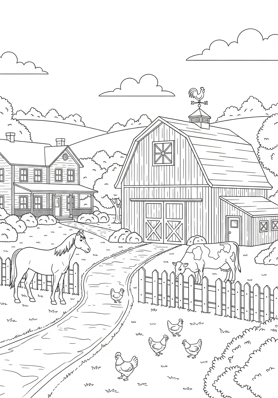 Desenho kawaii de fazenda com cavalo e vaca para colorir