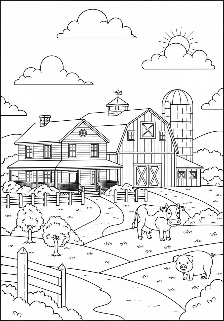 Desenho kawaii de fazenda com casa e animais para colorir