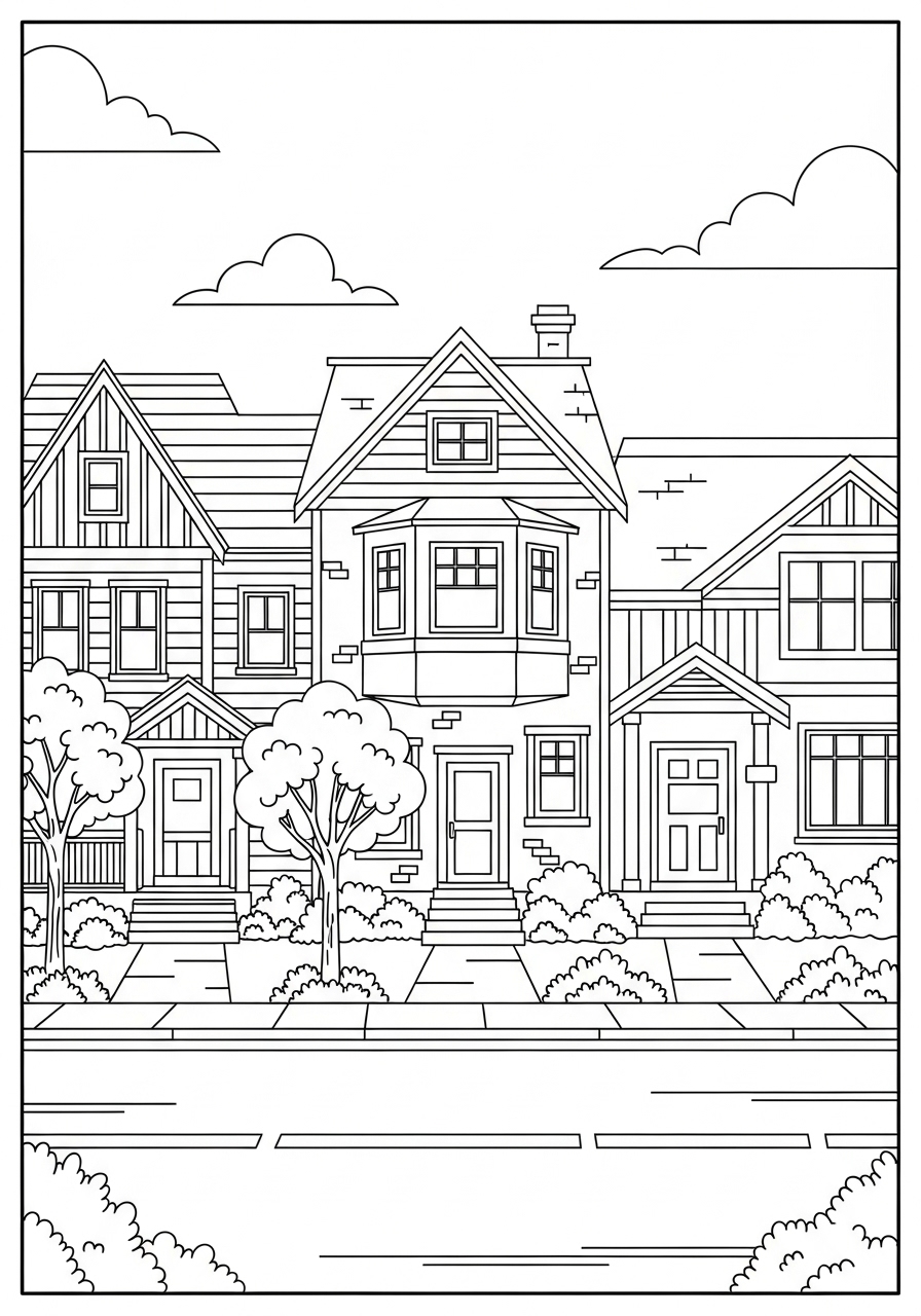 Desenho kawaii de casas fofinhas para imprimir e colorir