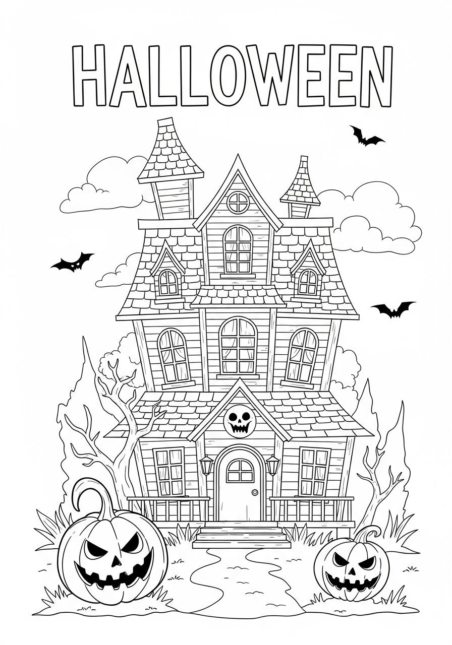 Desenho kawaii de casa de Halloween com abóbora e morcegos