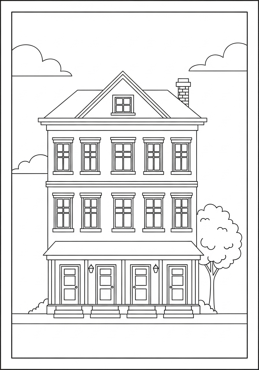 Desenho de Casa Três Andares com Janelas e Árvore