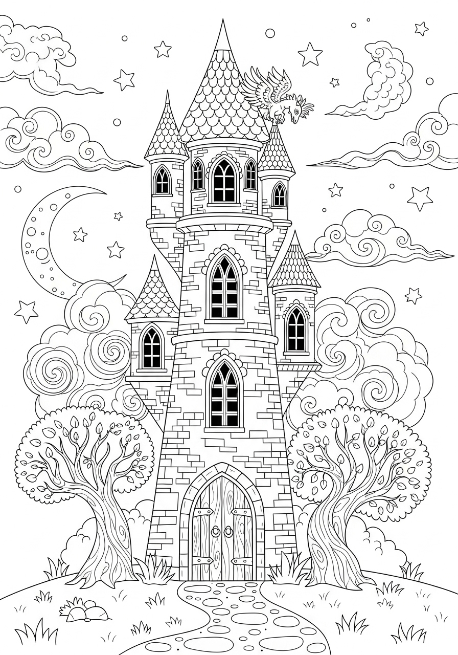 Desenho kawaii de castelo fofinho com árvores e nuvens