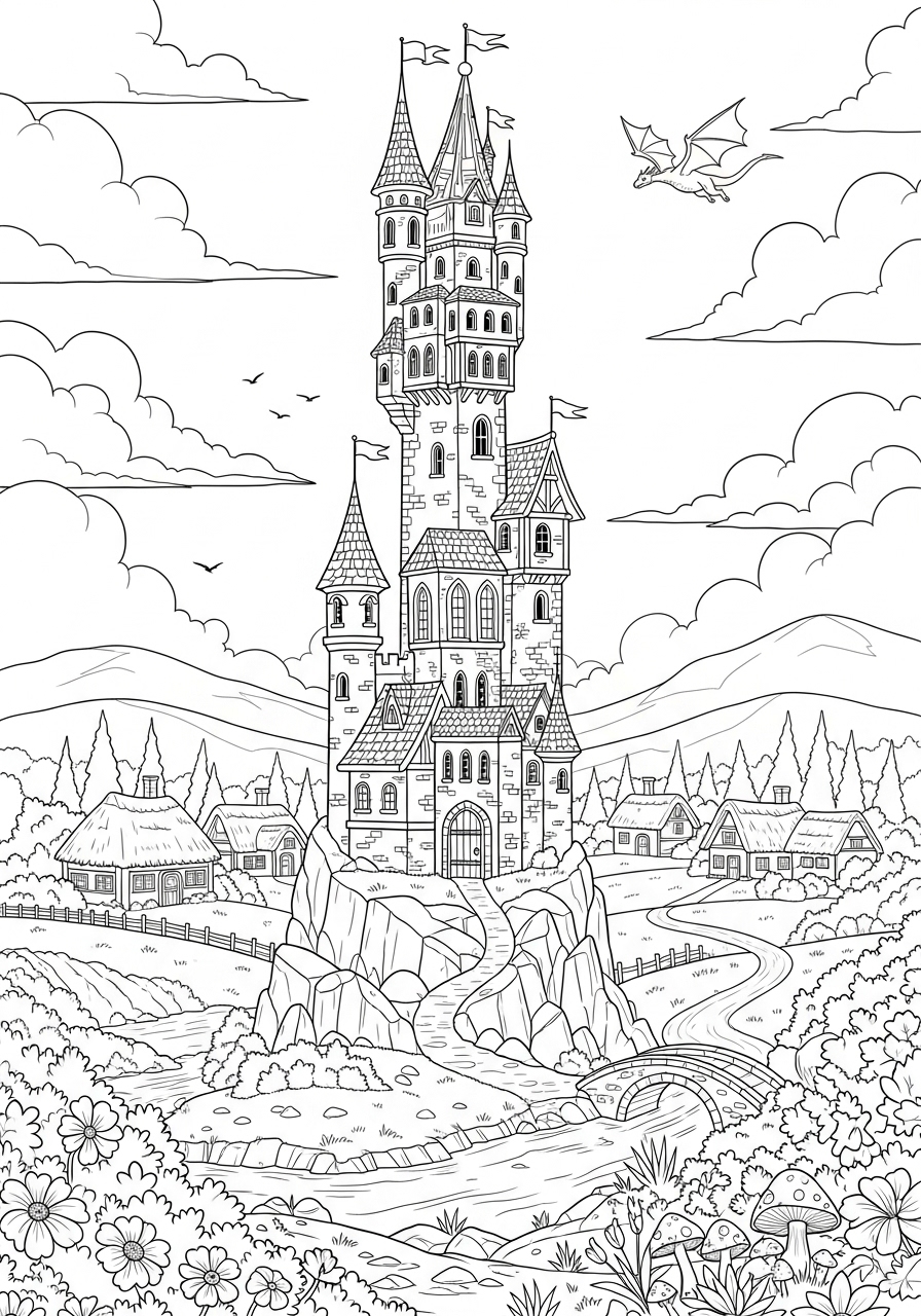 Desenho kawaii de castelo com dragão e paisagem para colorir