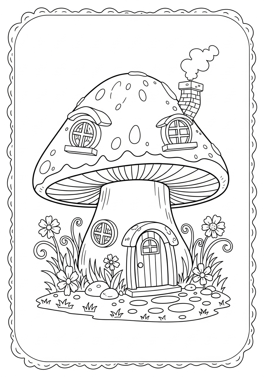 Desenho kawaii de casa de cogumelo fofinha para colorir