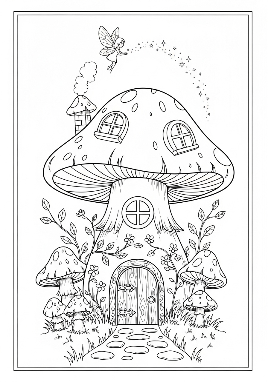 Desenho kawaii de casa de cogumelo com fadas para colorir