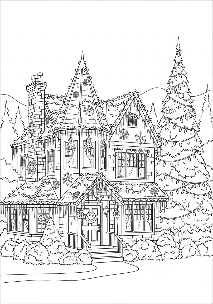 Desenho kawaii de casa natalina para colorir