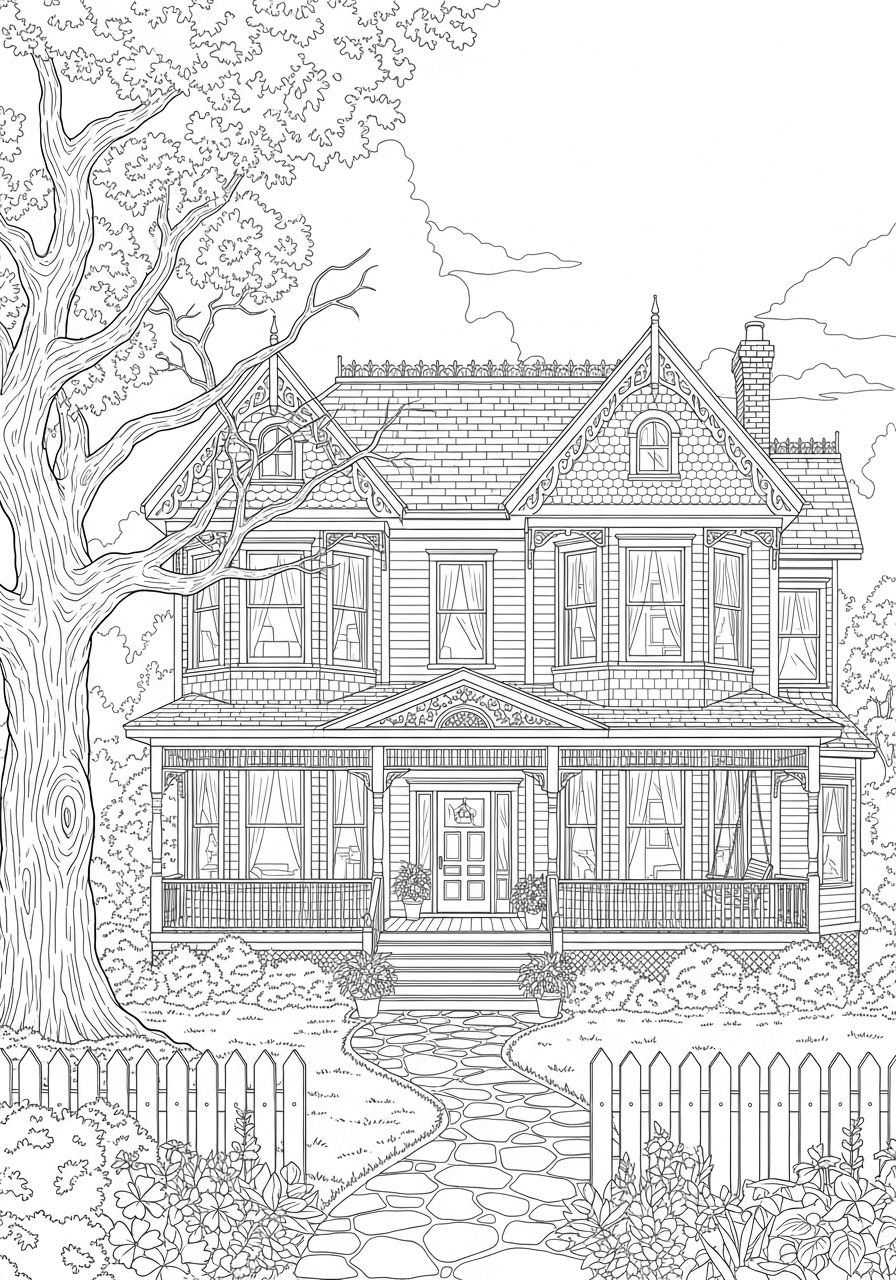 Desenho kawaii de casa grande com jardim para colorir