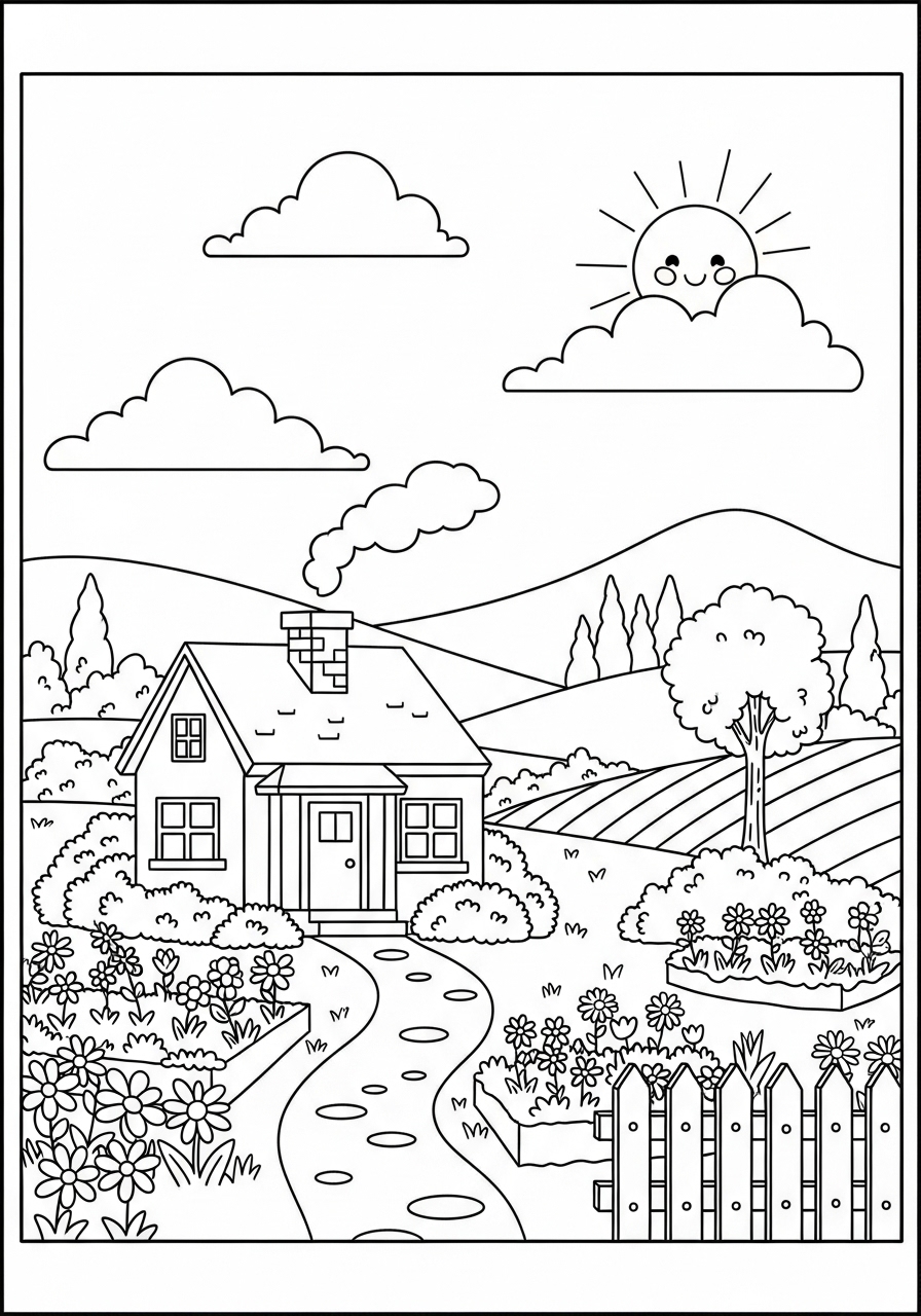 Desenho kawaii de uma casa rodeada por flores e montanhas