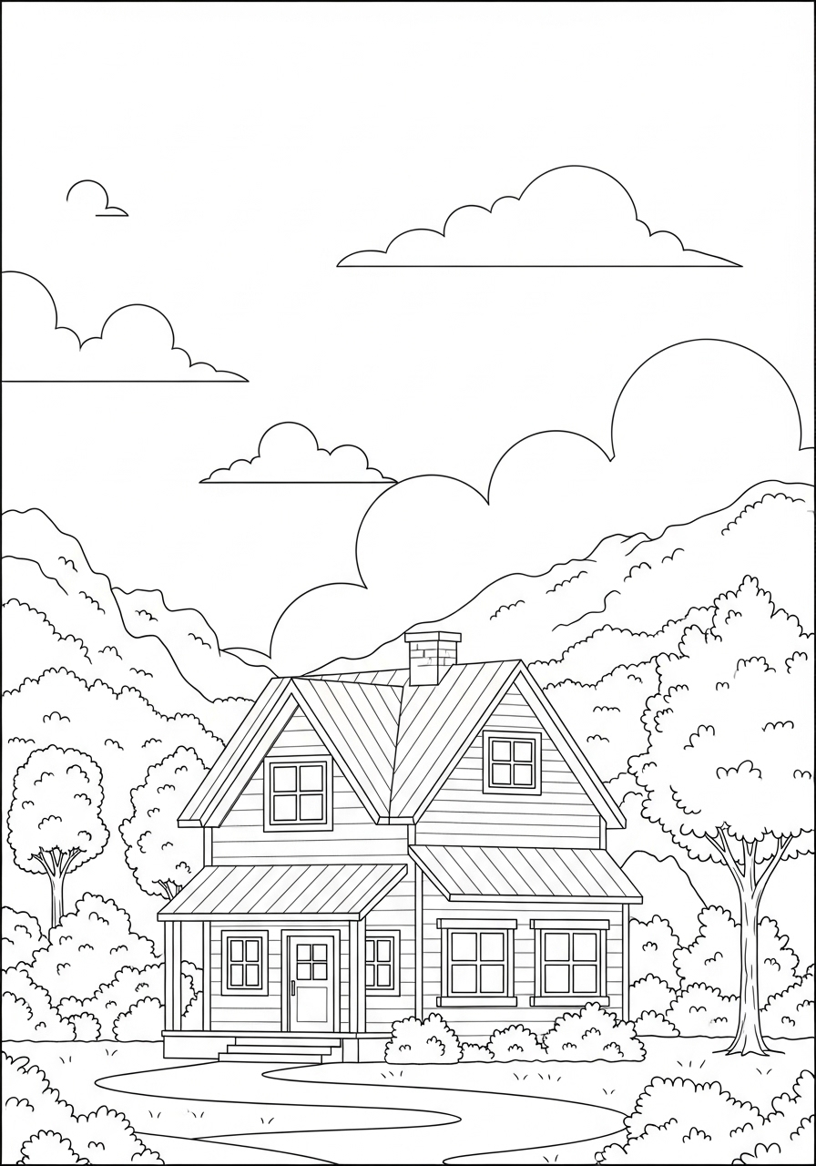 Desenho kawaii de casa fofa com nuvens e montanhas