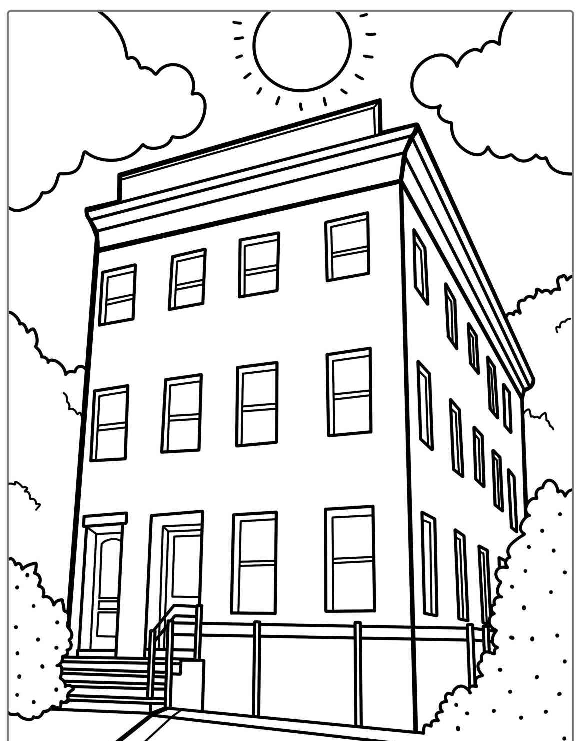 Desenho kawaii de casa com sol e nuvens para colorir