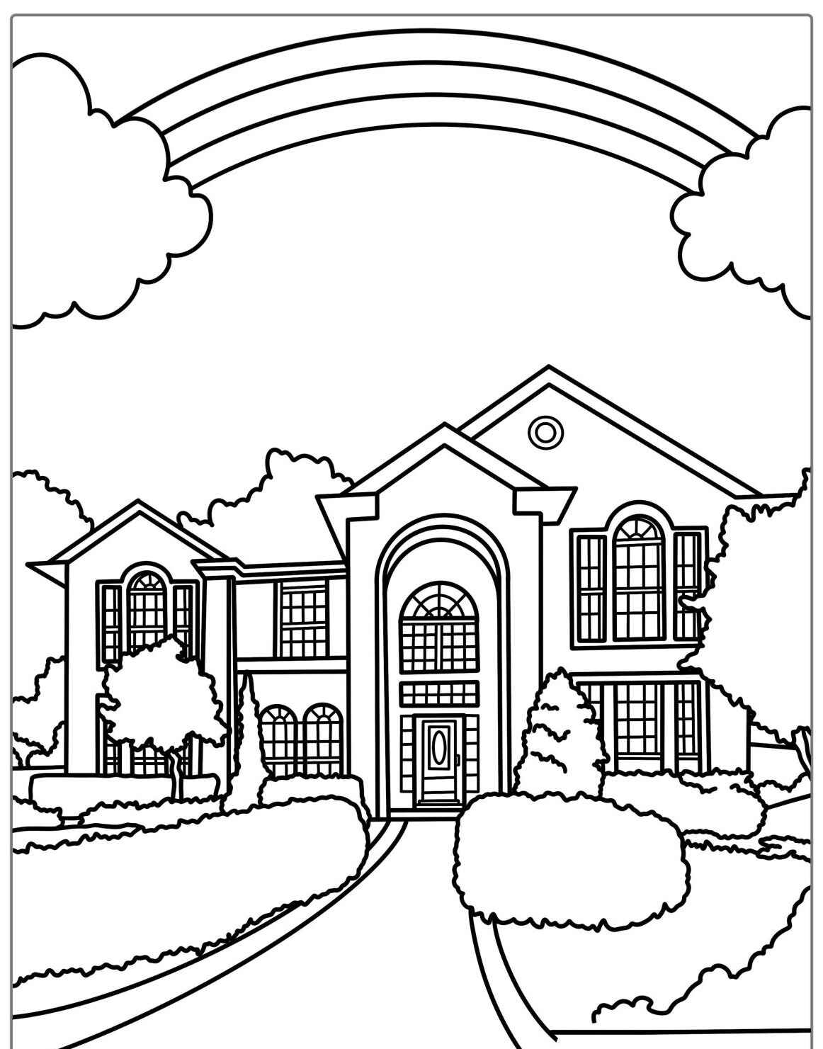Desenho kawaii de uma casa com céu e arco-íris para colorir