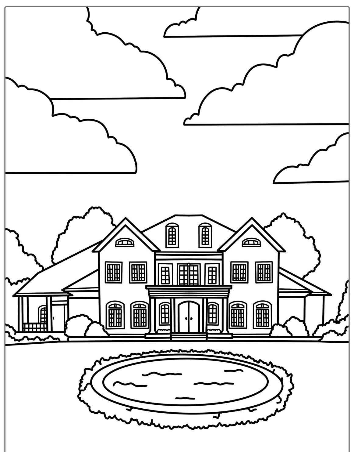 Desenho kawaii de casa com jardim e nuvens para colorir