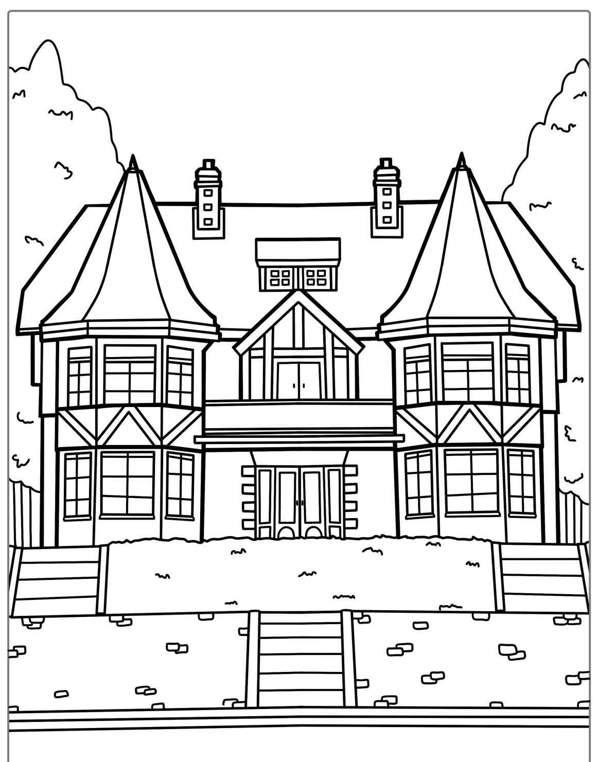 Desenho kawaii de uma casa grande para colorir