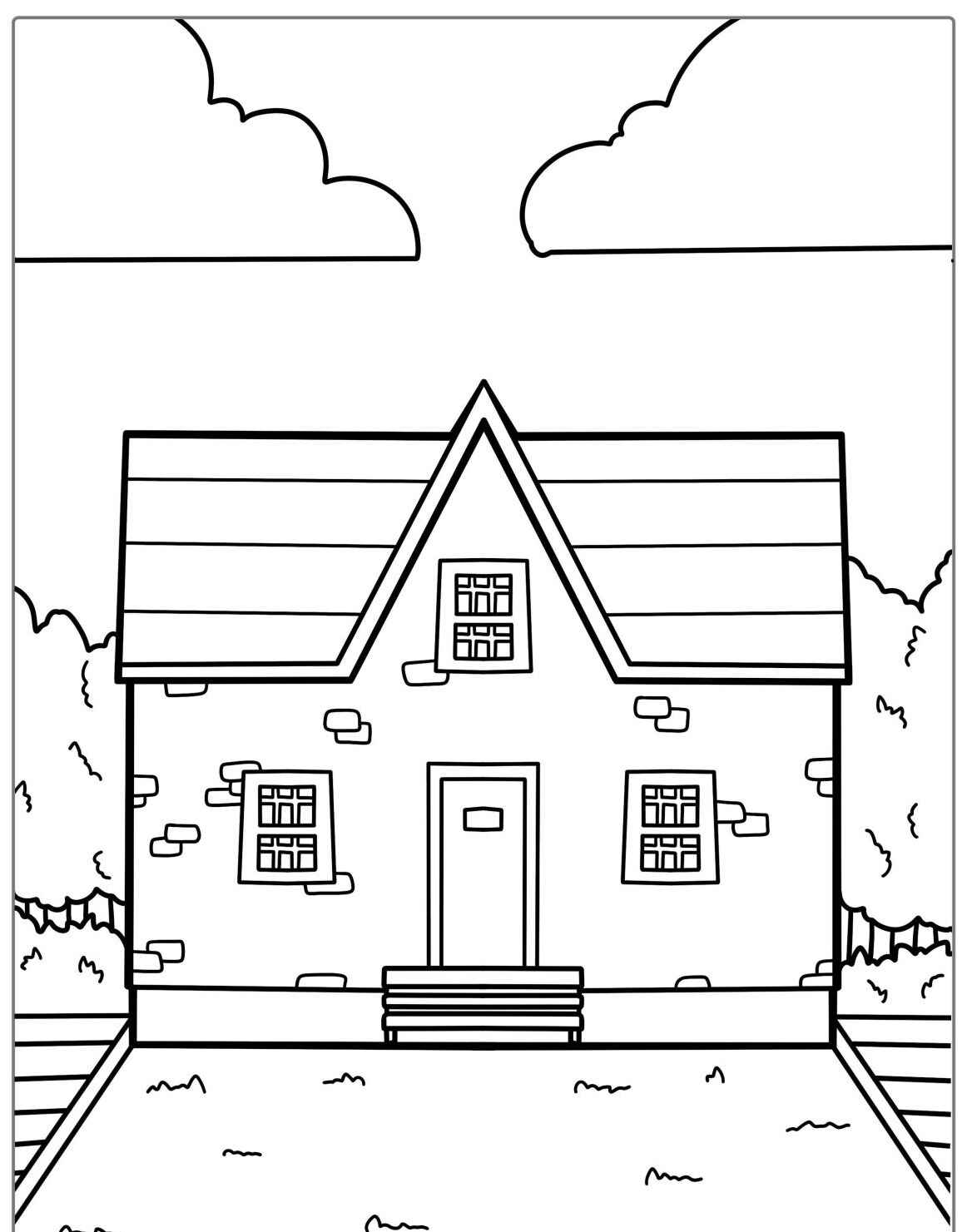 Desenho kawaii de uma casa com janelas e nuvens