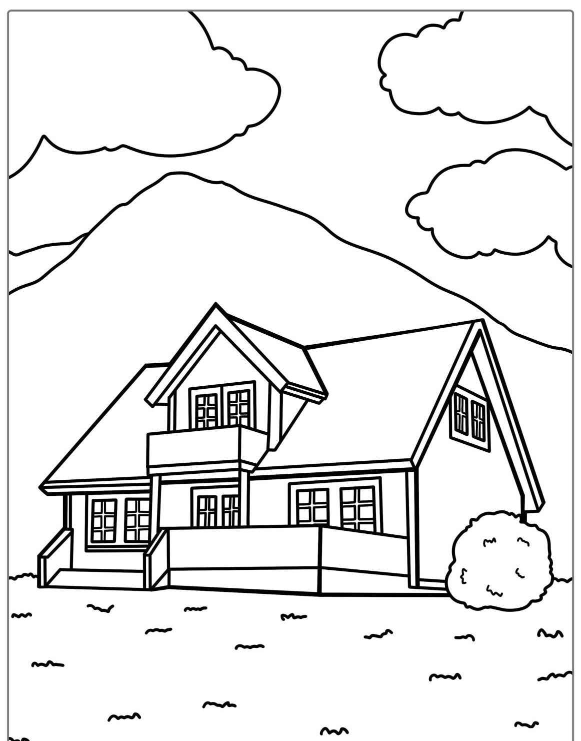 Desenho kawaii de uma casa com montanha e nuvens