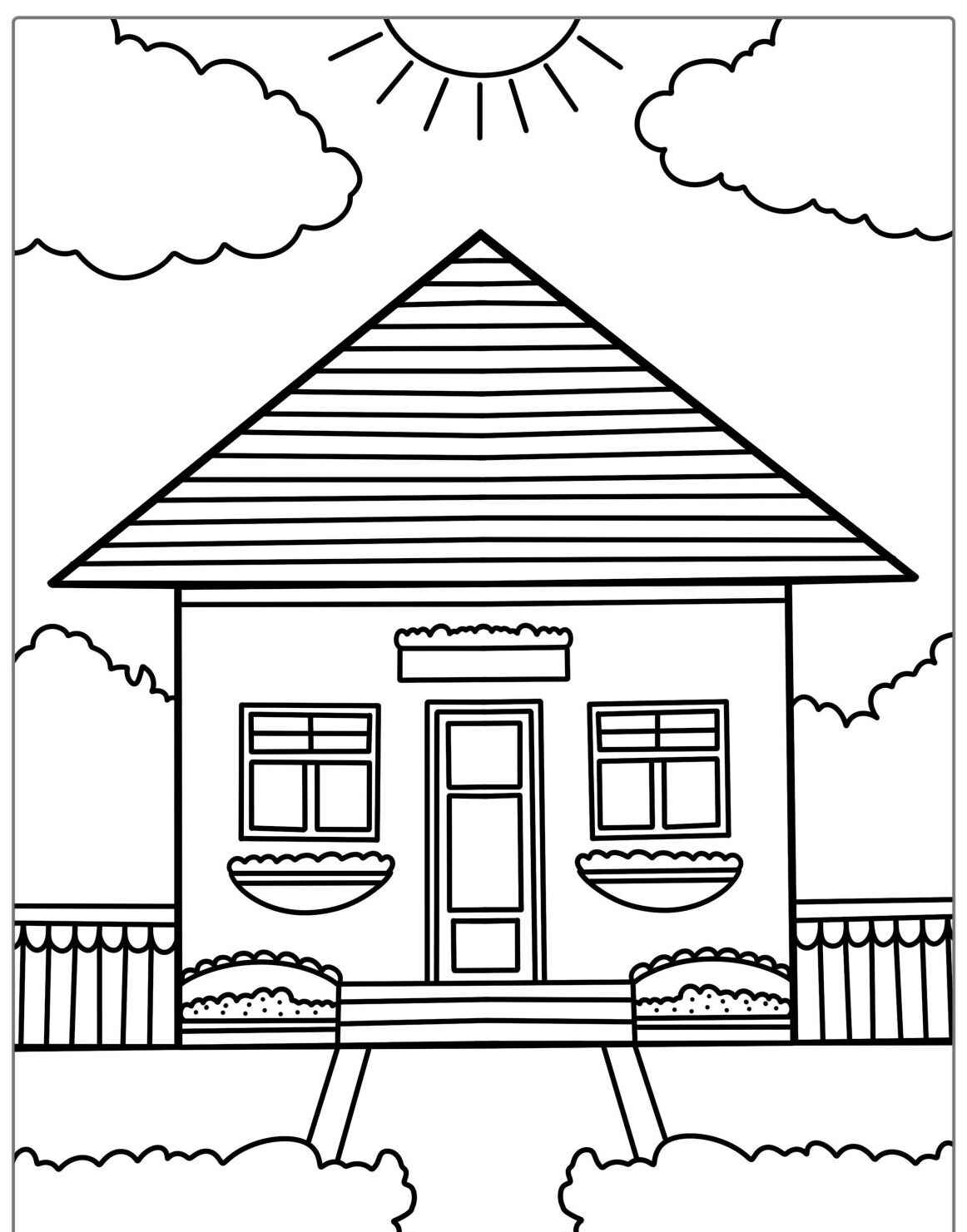 Desenho kawaii de casa com jardim e sol para colorir