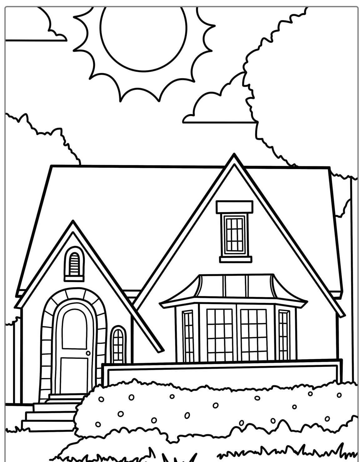 Desenho kawaii de uma casa com sol e nuvens para colorir