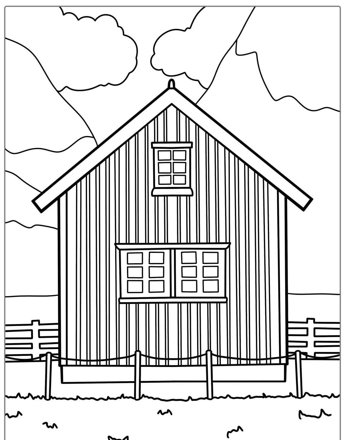 Desenho kawaii de casa com janelas e cercas para colorir