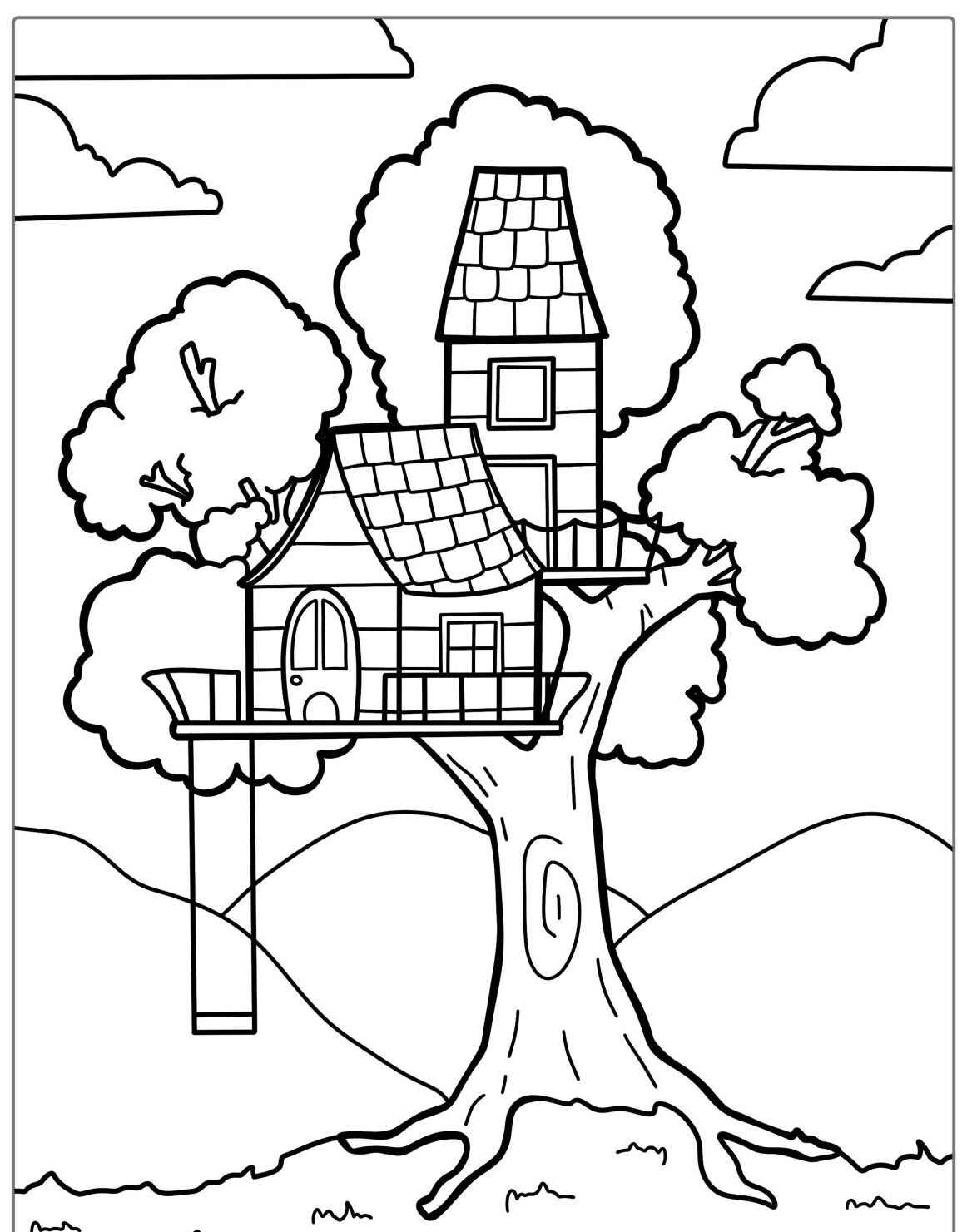 Desenho kawaii de casa na árvore para colorir