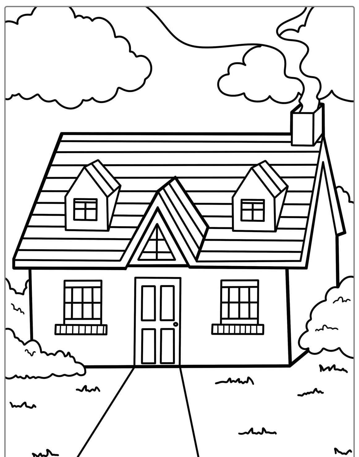 Desenho kawaii de uma casa com chaminé e nuvens