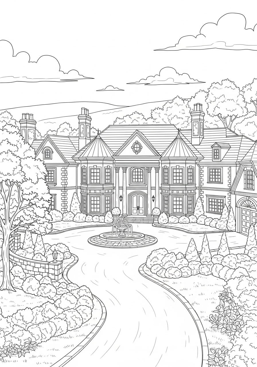 Desenho de Casa Mansão com Jardim e Fonte para colorir