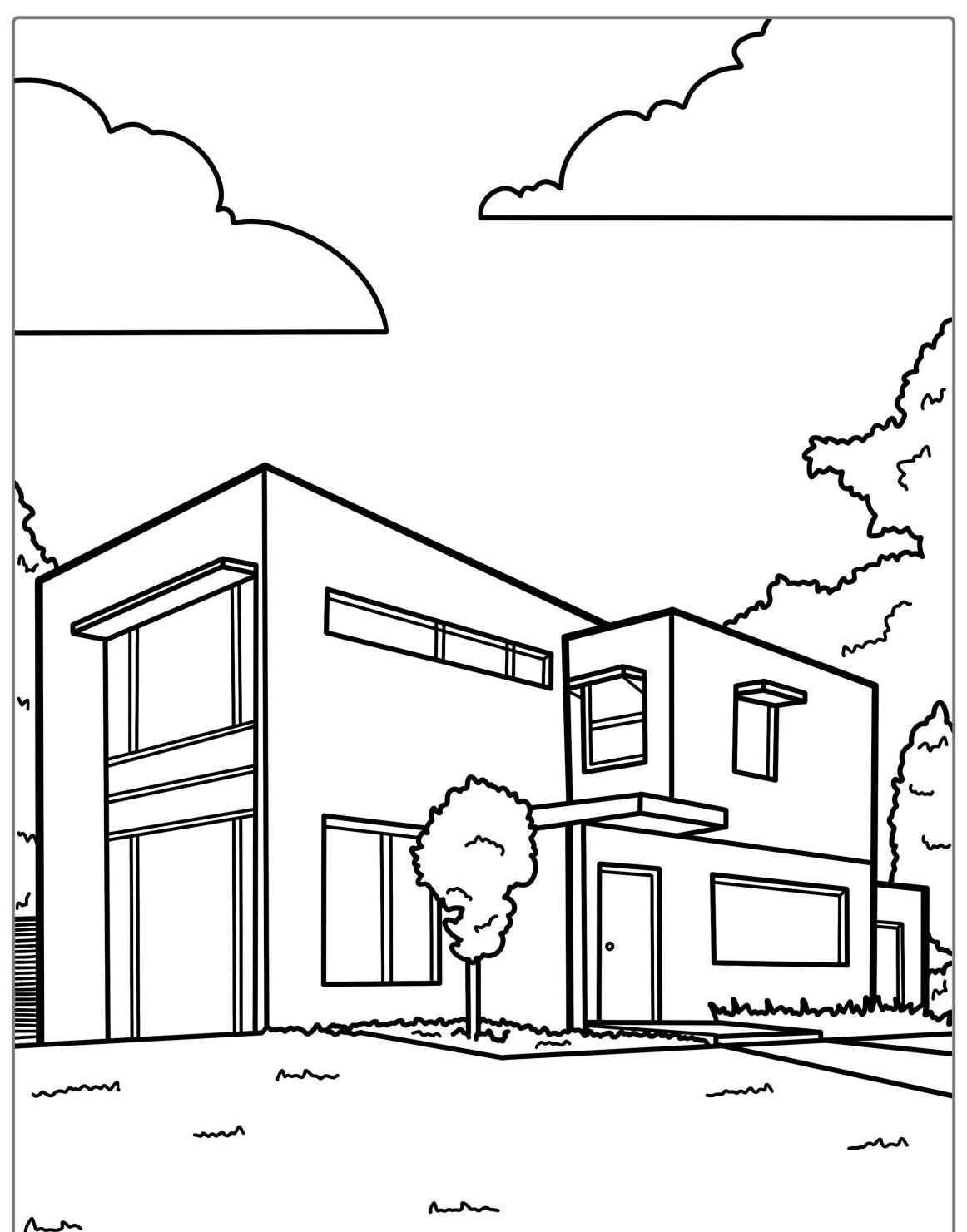 Desenho kawaii de casa moderna com árvores ao redor