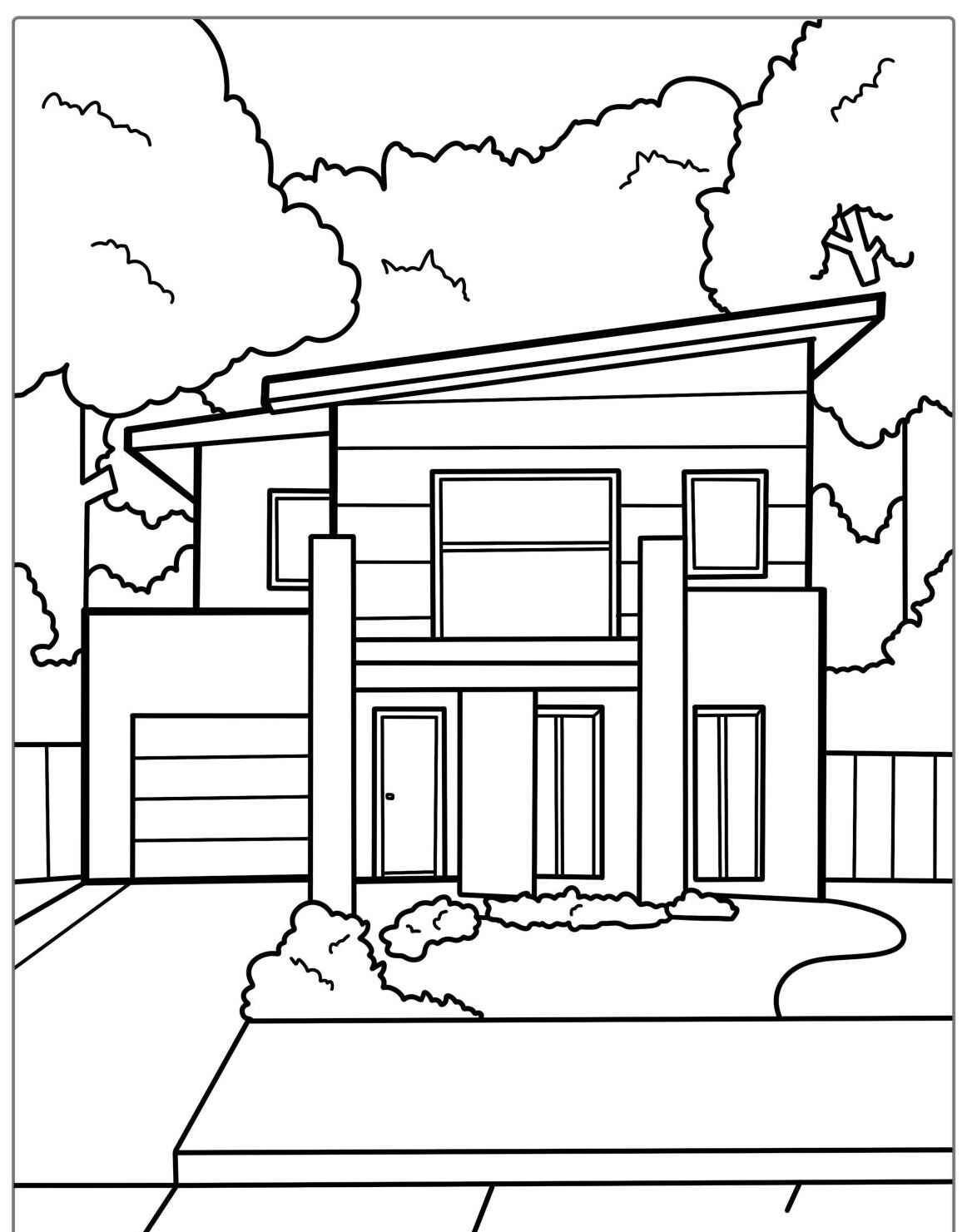 Desenho kawaii de casa moderna com árvores e jardim