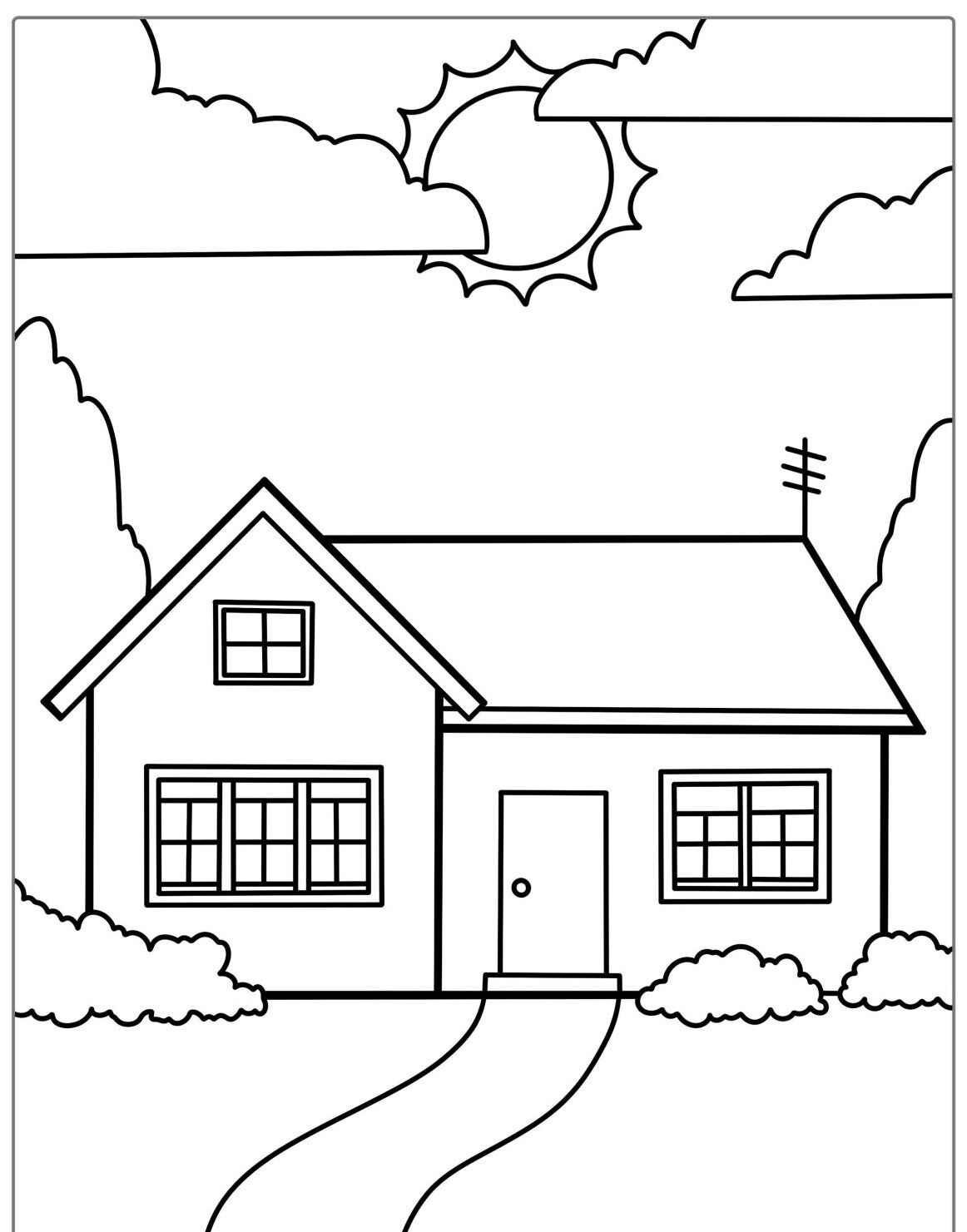 Desenho kawaii de uma casa com sol e nuvens para colorir