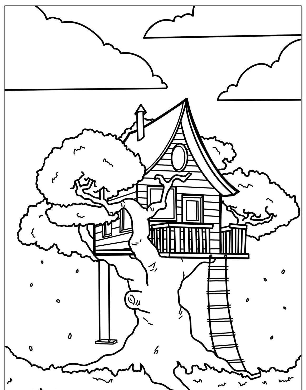 Desenho kawaii de casa na árvore para colorir